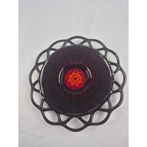Vintage Amethyst Glass Plate Openwork Lattice Rim Red Starburst Center 6.5 Inch